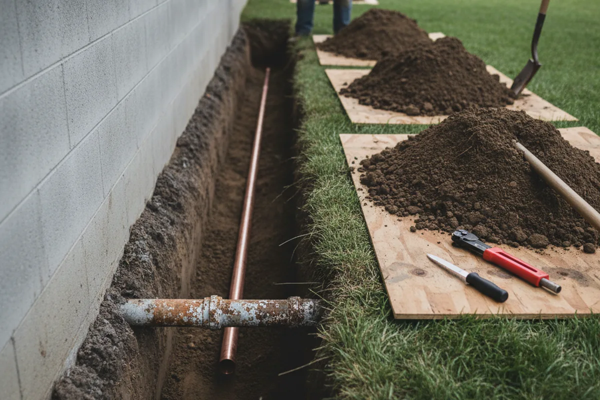 Excavated water line trench during Water Heater Repair in Prince George
